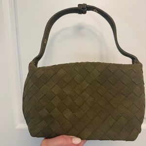 Olive Green Woven Faux Suede Shoulder Bag | Intrecciato Style Bottega-Inspired